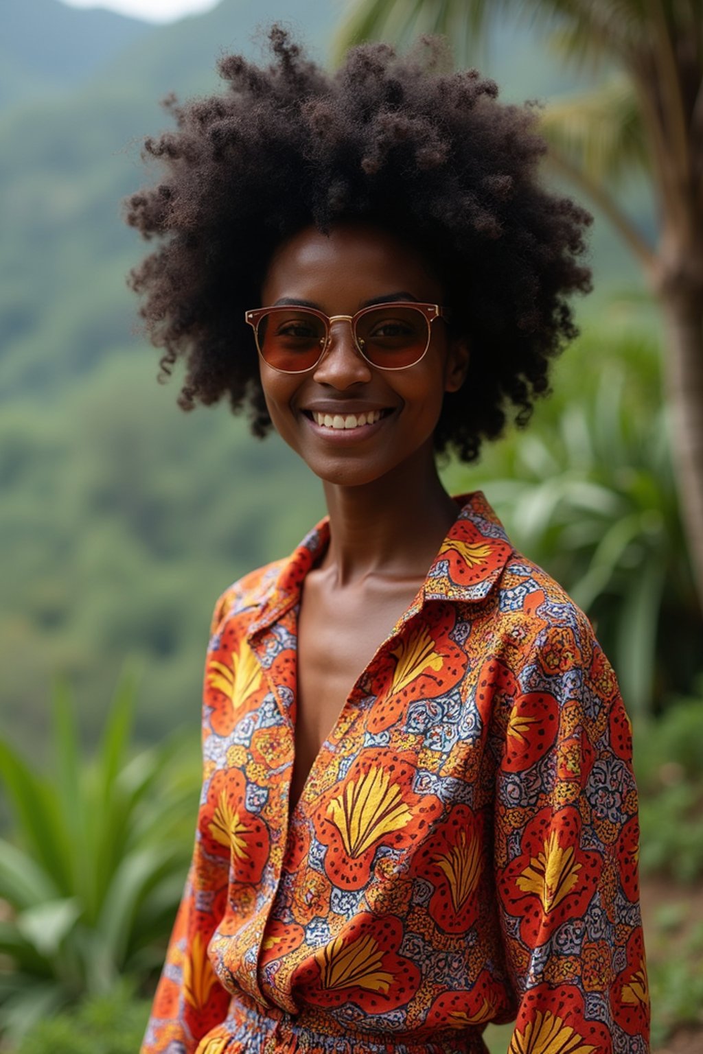 stylish and chic  woman in Bali wearing vibrant Batik clothes, Bali, Indonesia in the background