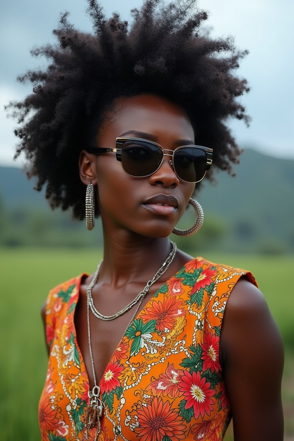 stylish and chic  woman in Bali wearing vibrant Batik clothes, Bali, Indonesia in the background