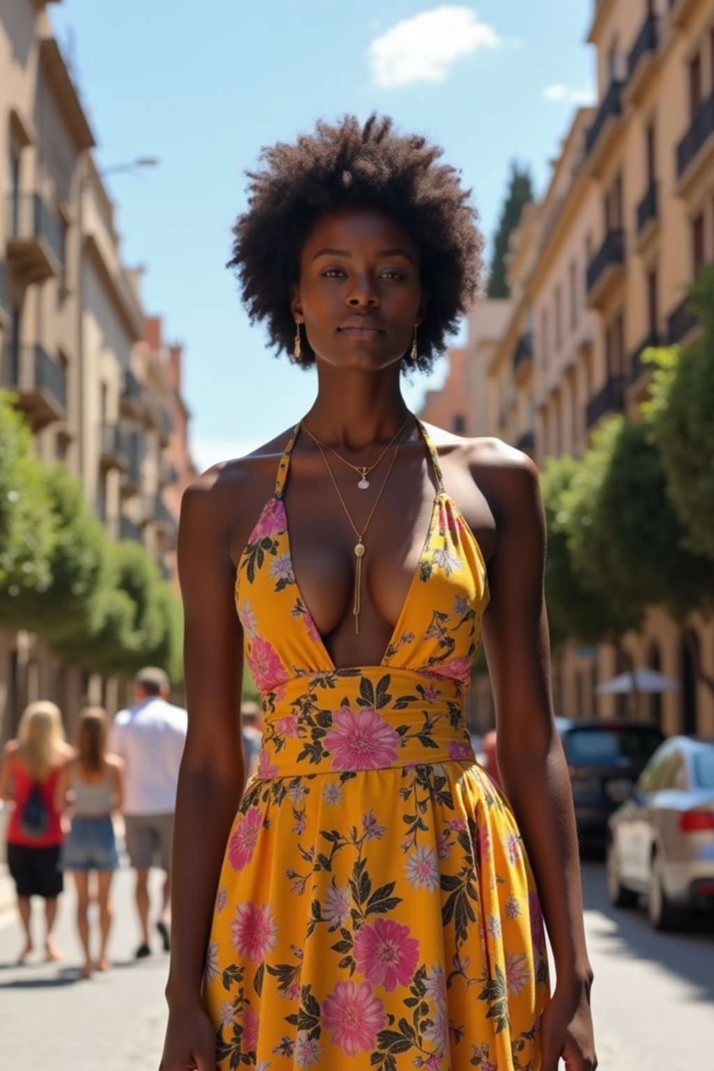 stylish and chic  woman in Barcelona wearing a stylish summer outfit, La Sagrada Família in the background