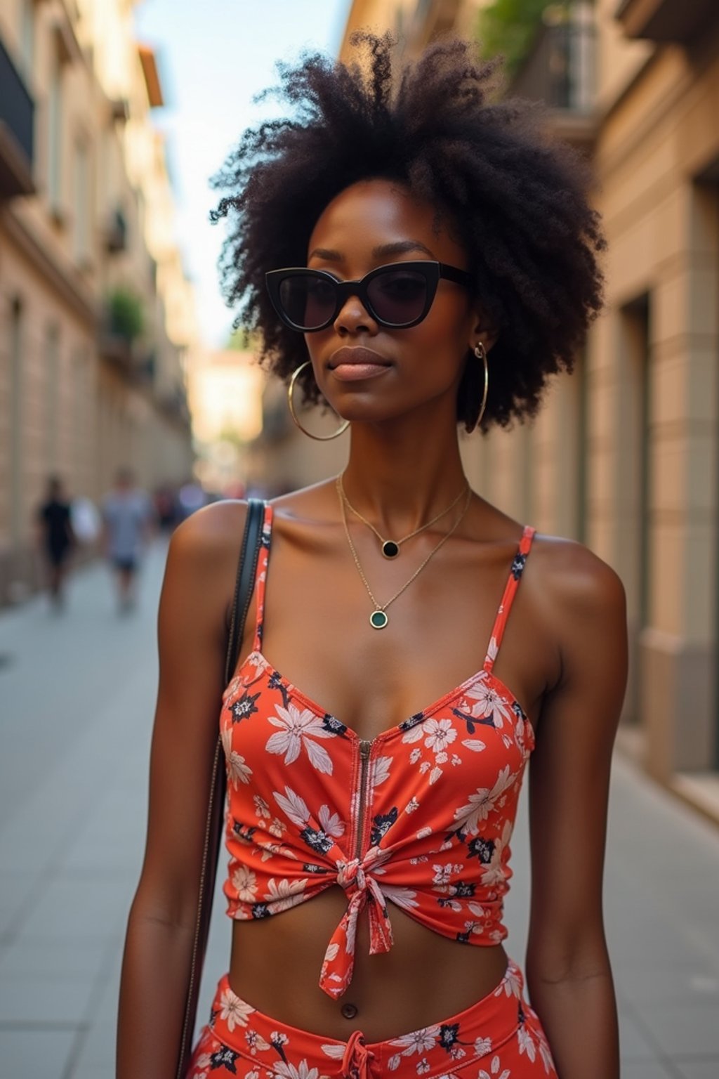 stylish and chic  woman in Barcelona wearing a stylish summer outfit, La Sagrada Família in the background