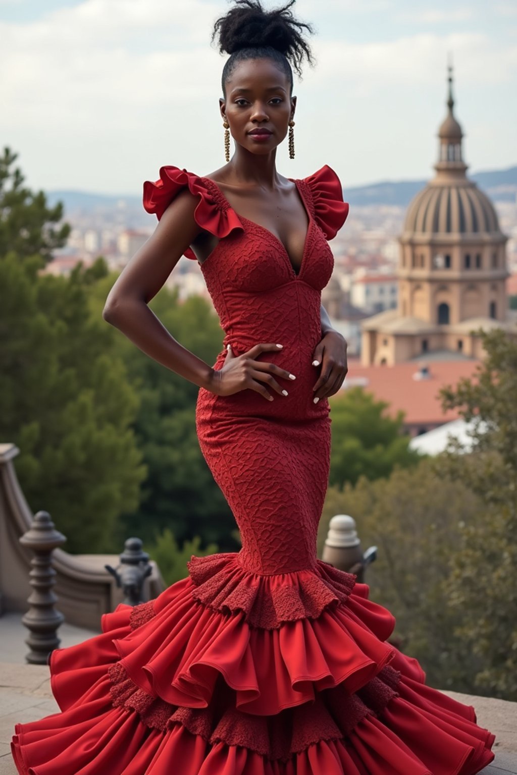 stylish and chic  woman in Barcelona wearing a flamenco-inspired dress/suit, Park Güell in the background