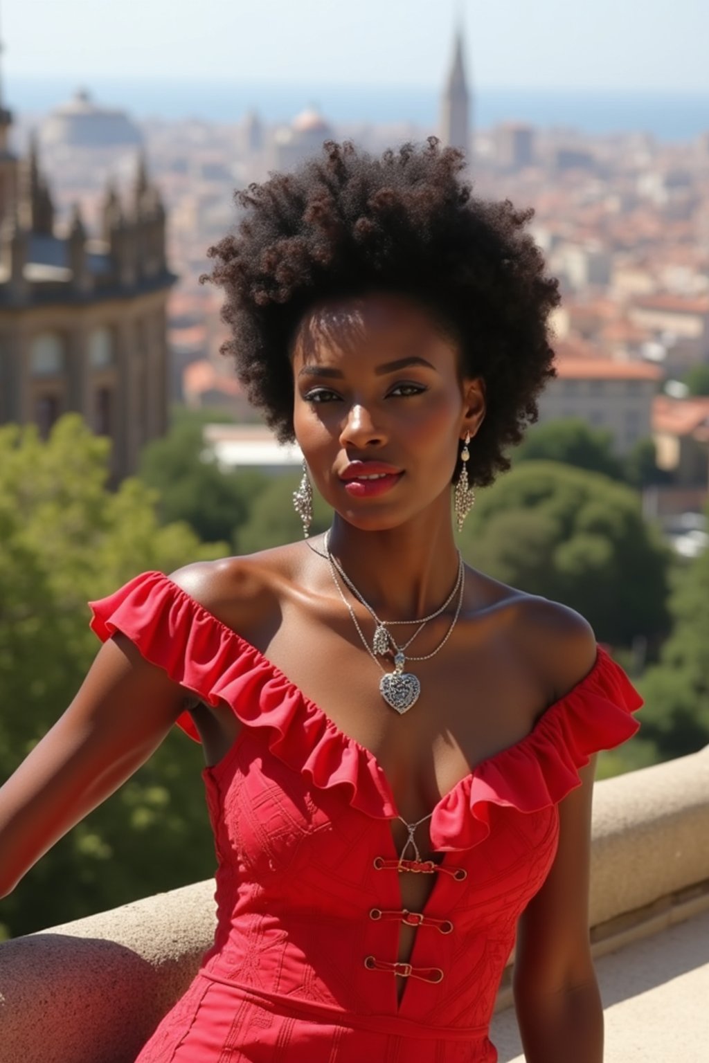 stylish and chic  woman in Barcelona wearing a flamenco-inspired dress/suit, Park Güell in the background