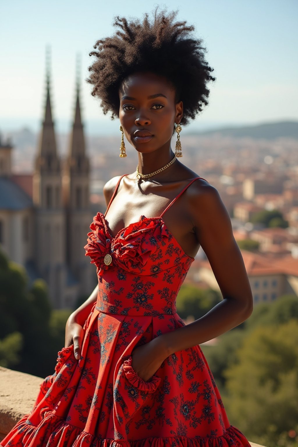 stylish and chic  woman in Barcelona wearing a flamenco-inspired dress/suit, Park Güell in the background