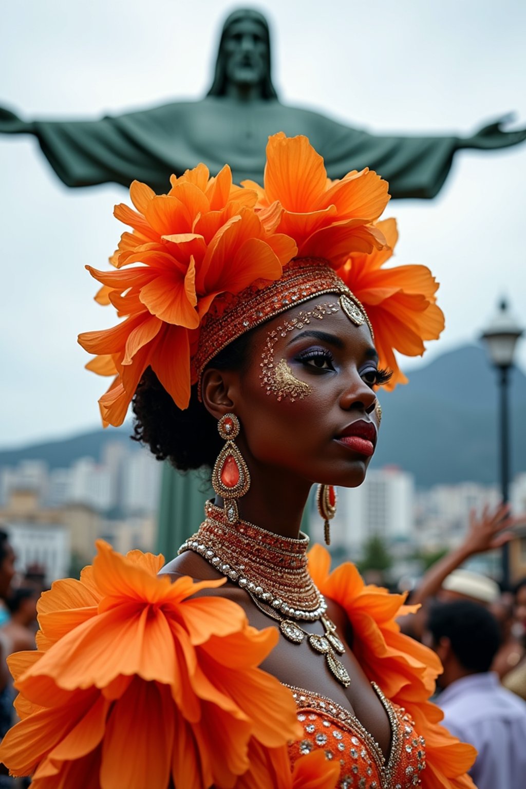 stylish and chic  woman in Rio de Janeiro wearing a vibrant carnival-inspired costume, Christ the Redeemer statue in the background