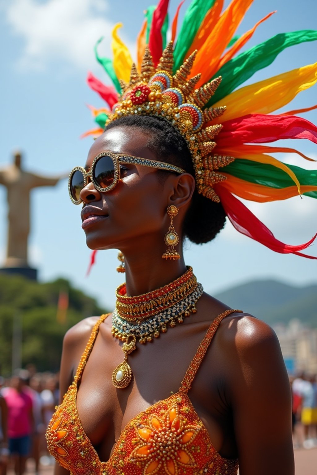 stylish and chic  woman in Rio de Janeiro wearing a vibrant carnival-inspired costume, Christ the Redeemer statue in the background