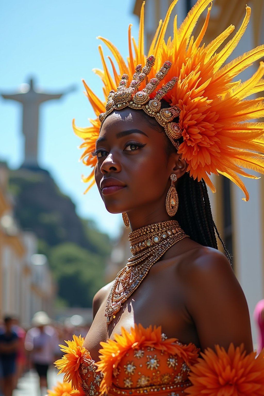 stylish and chic  woman in Rio de Janeiro wearing a vibrant carnival-inspired costume, Christ the Redeemer statue in the background