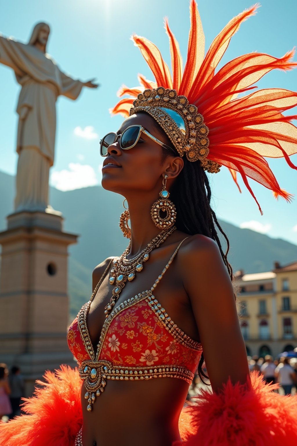 stylish and chic  woman in Rio de Janeiro wearing a vibrant carnival-inspired costume, Christ the Redeemer statue in the background