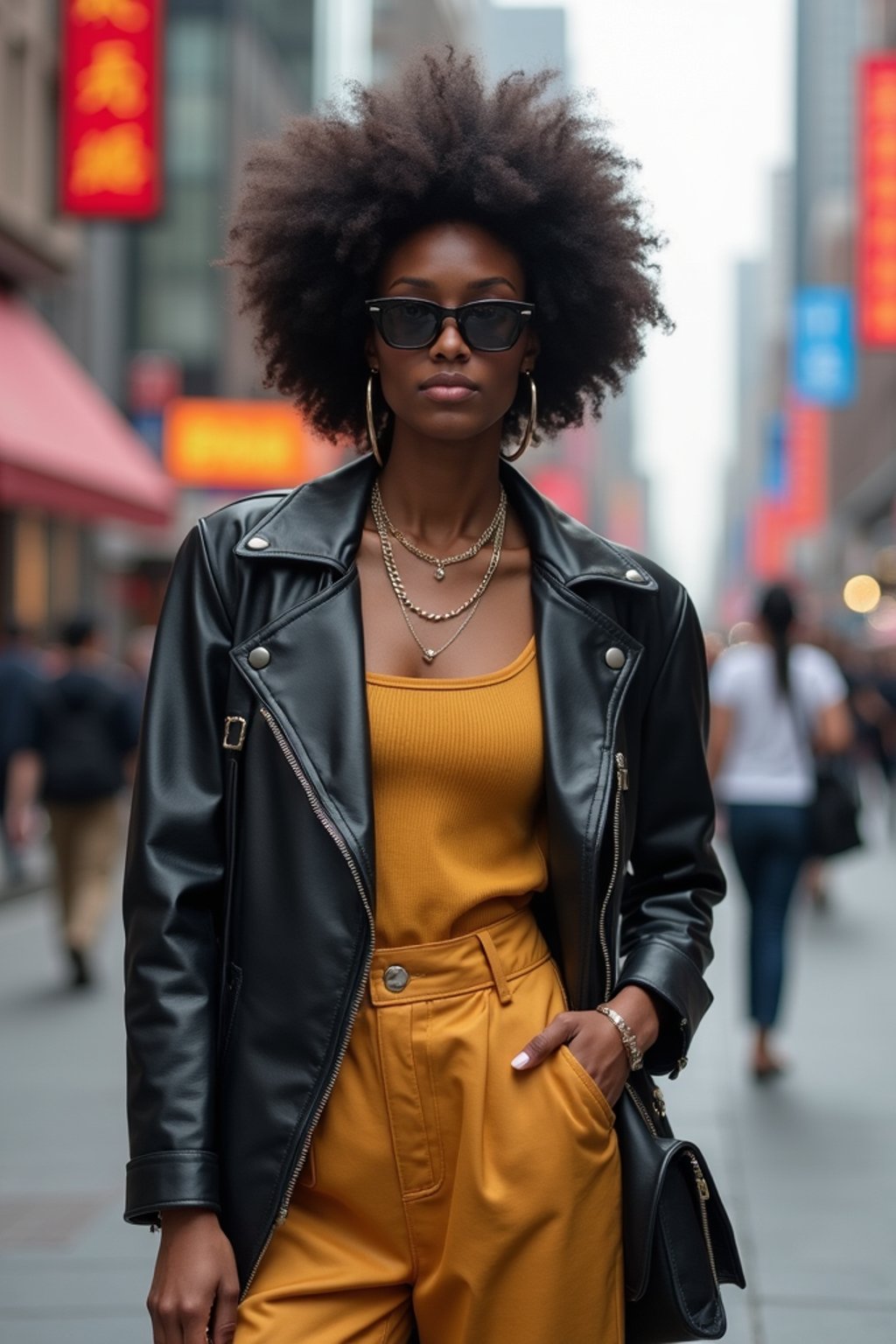 stylish and chic  woman in Shanghai wearing a contemporary streetwear outfit, Nanjing Road in the background