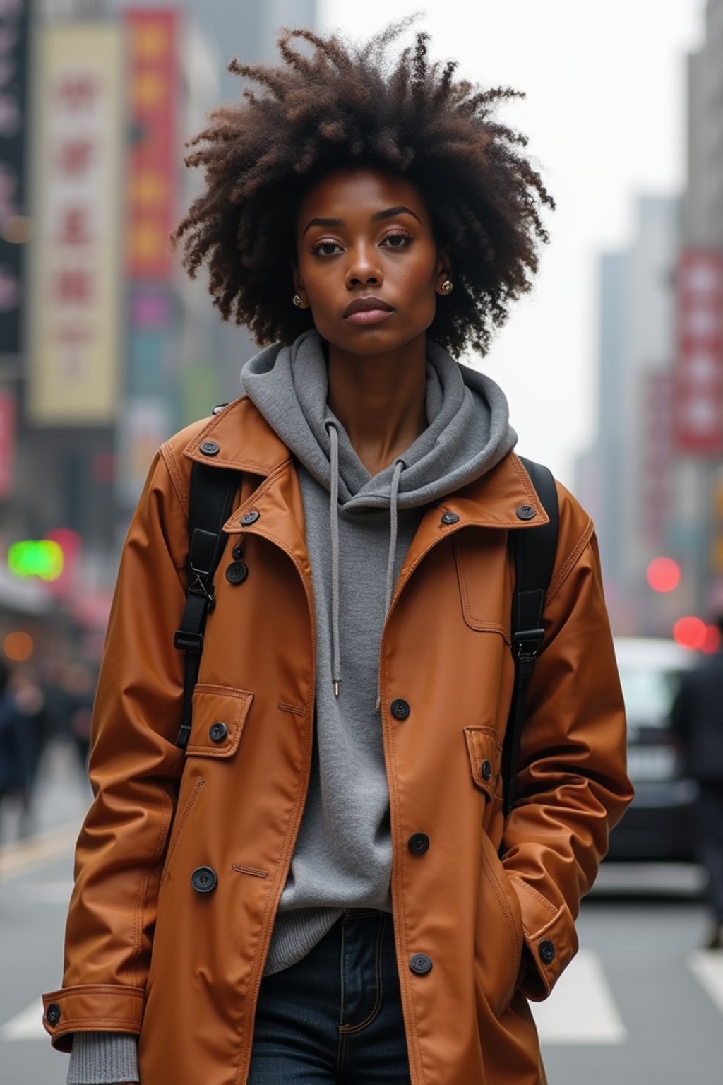 stylish and chic  woman in Shanghai wearing a contemporary streetwear outfit, Nanjing Road in the background