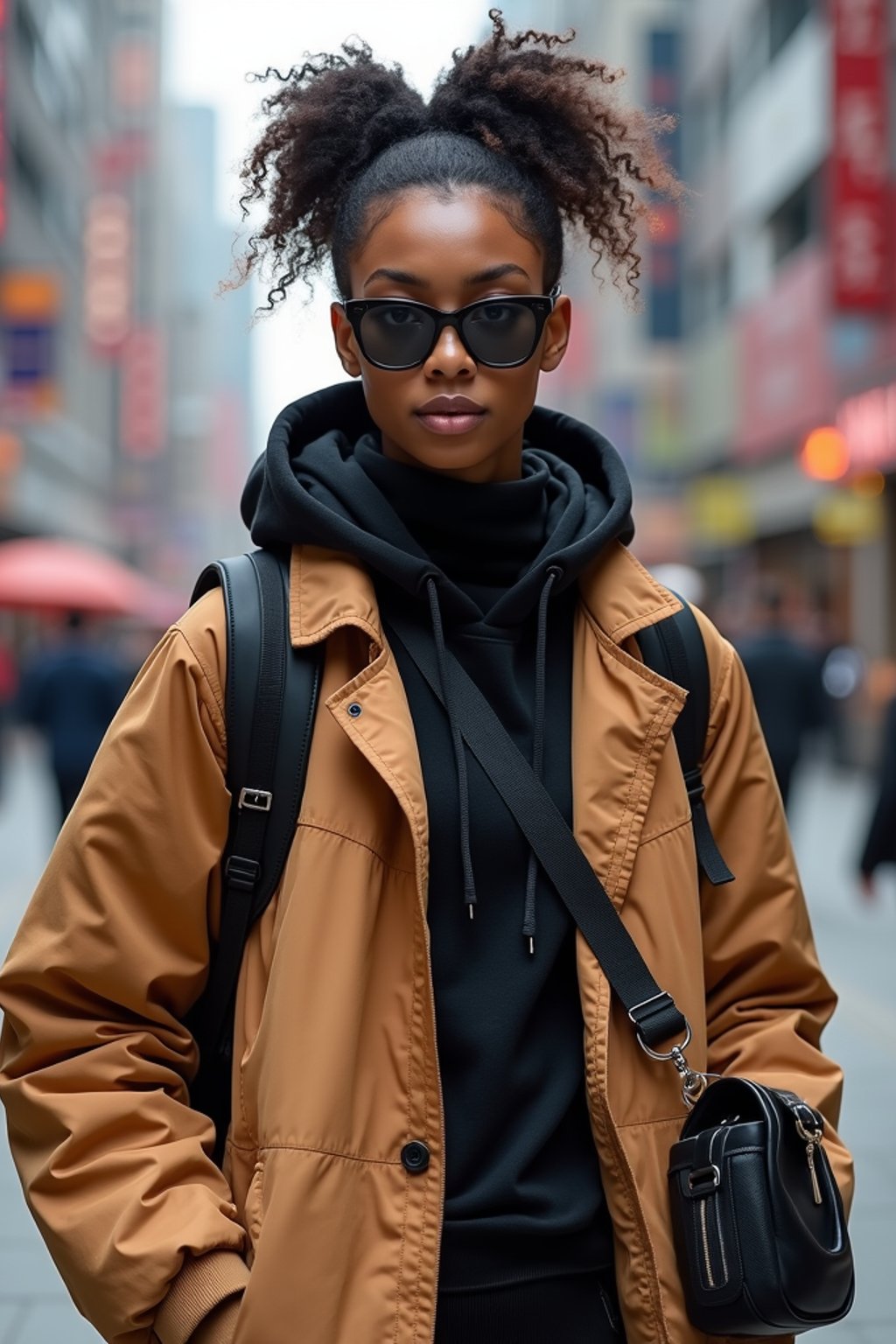 stylish and chic  woman in Shanghai wearing a contemporary streetwear outfit, Nanjing Road in the background