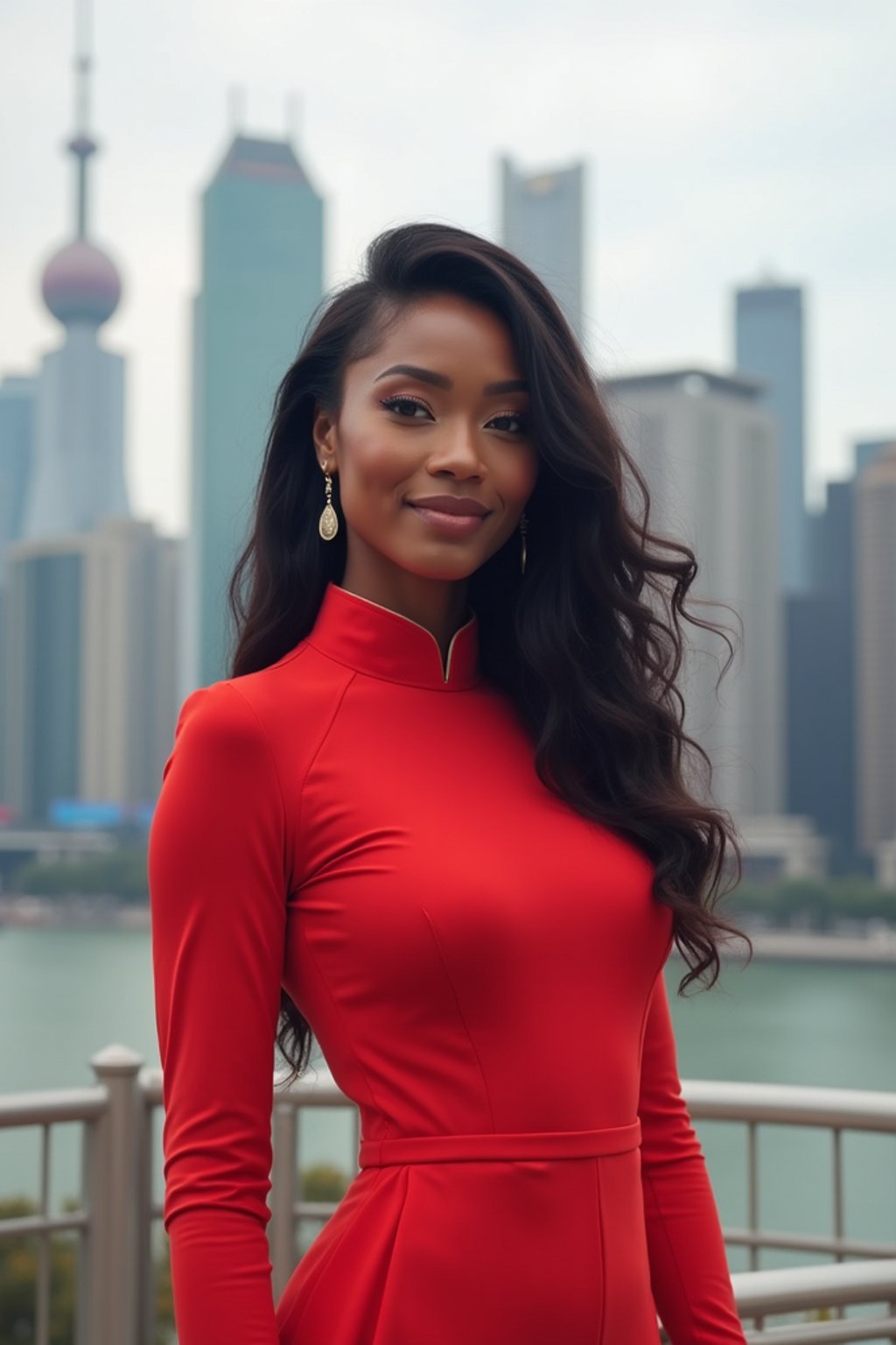 stylish and chic  woman in Shanghai wearing a traditional qipao/mandarin-collar suit, modern skyline in the background