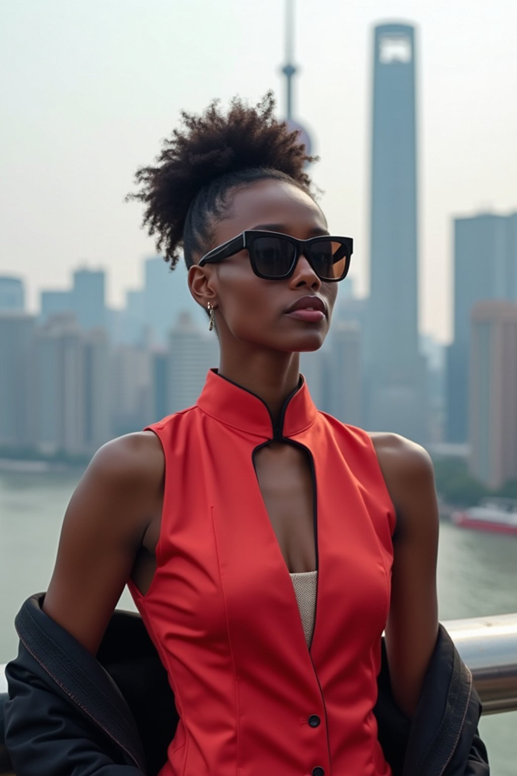 stylish and chic  woman in Shanghai wearing a traditional qipao/mandarin-collar suit, modern skyline in the background