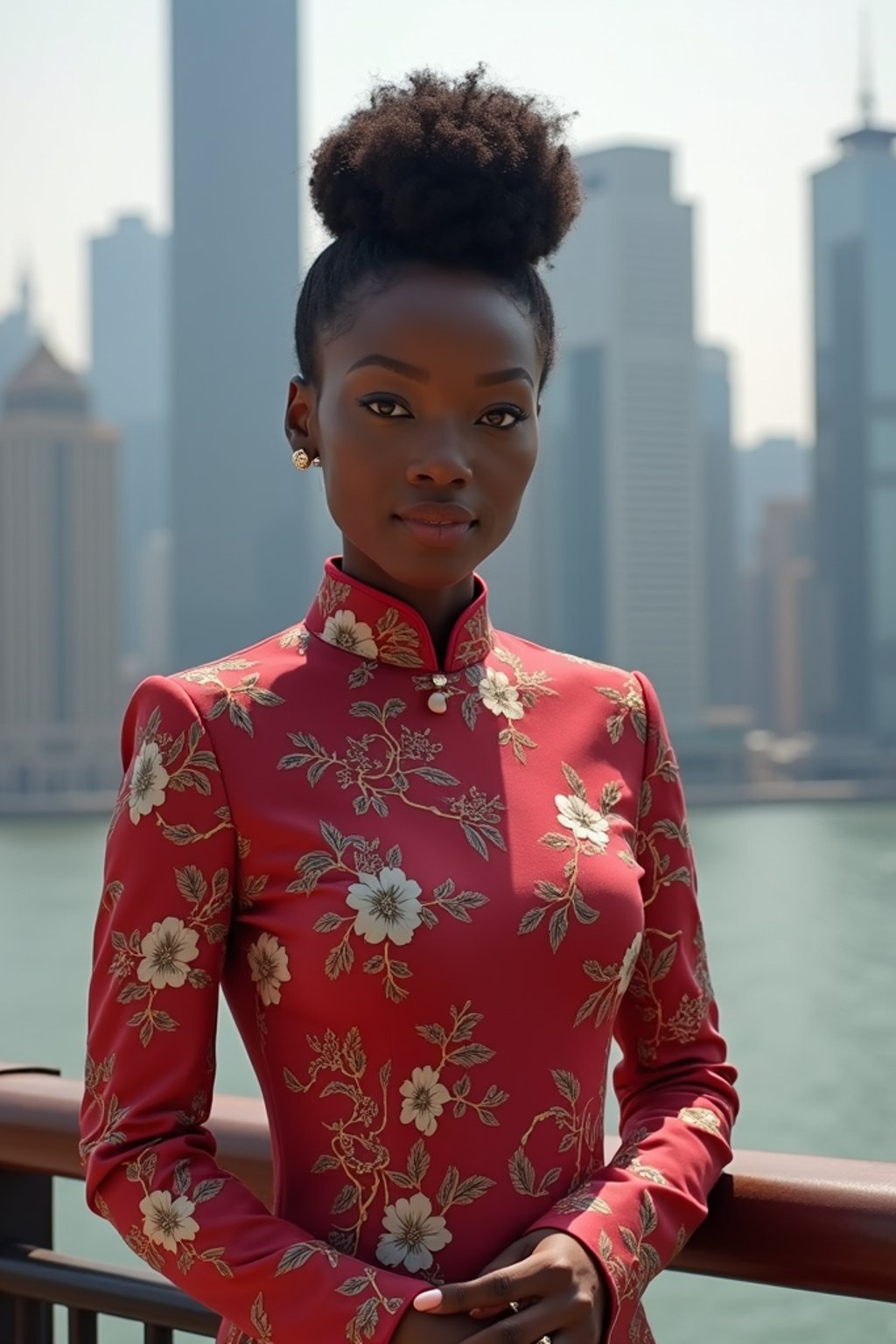 stylish and chic  woman in Shanghai wearing a traditional qipao/mandarin-collar suit, modern skyline in the background