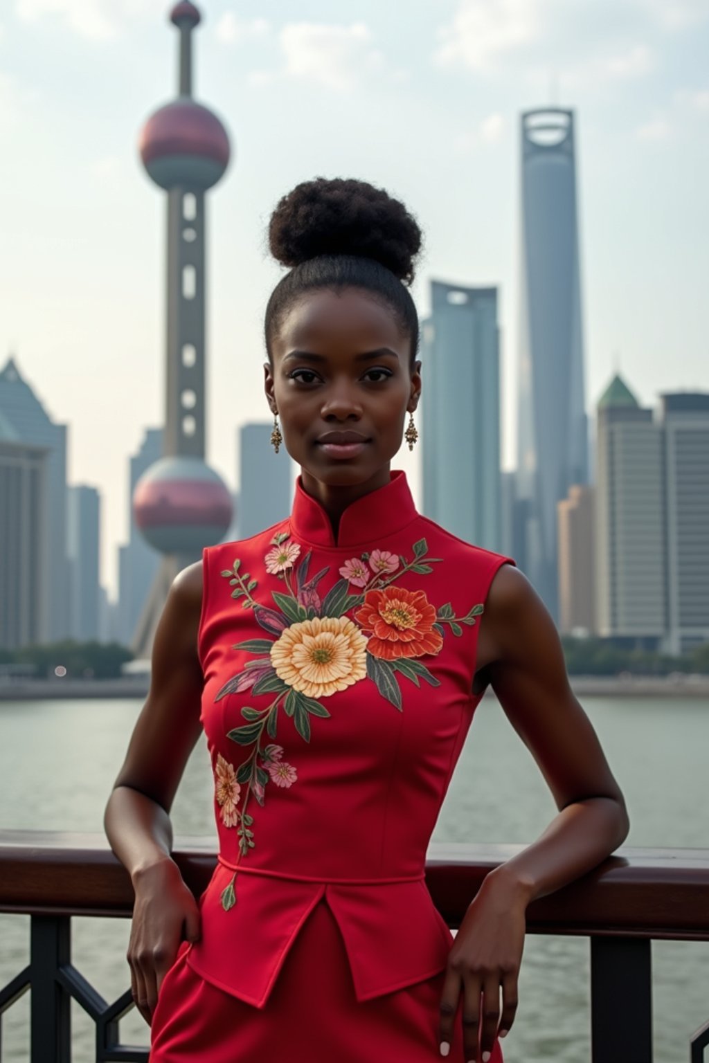 stylish and chic  woman in Shanghai wearing a traditional qipao/mandarin-collar suit, modern skyline in the background