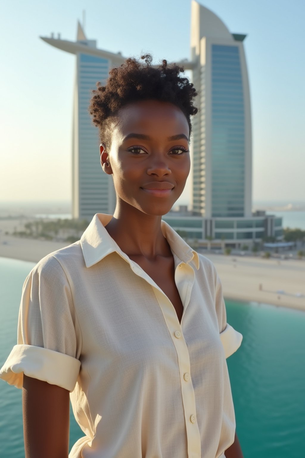 stylish and chic  woman in Dubai wearing a stylish sundress/linen shirt, the Atlantis hotel in the background