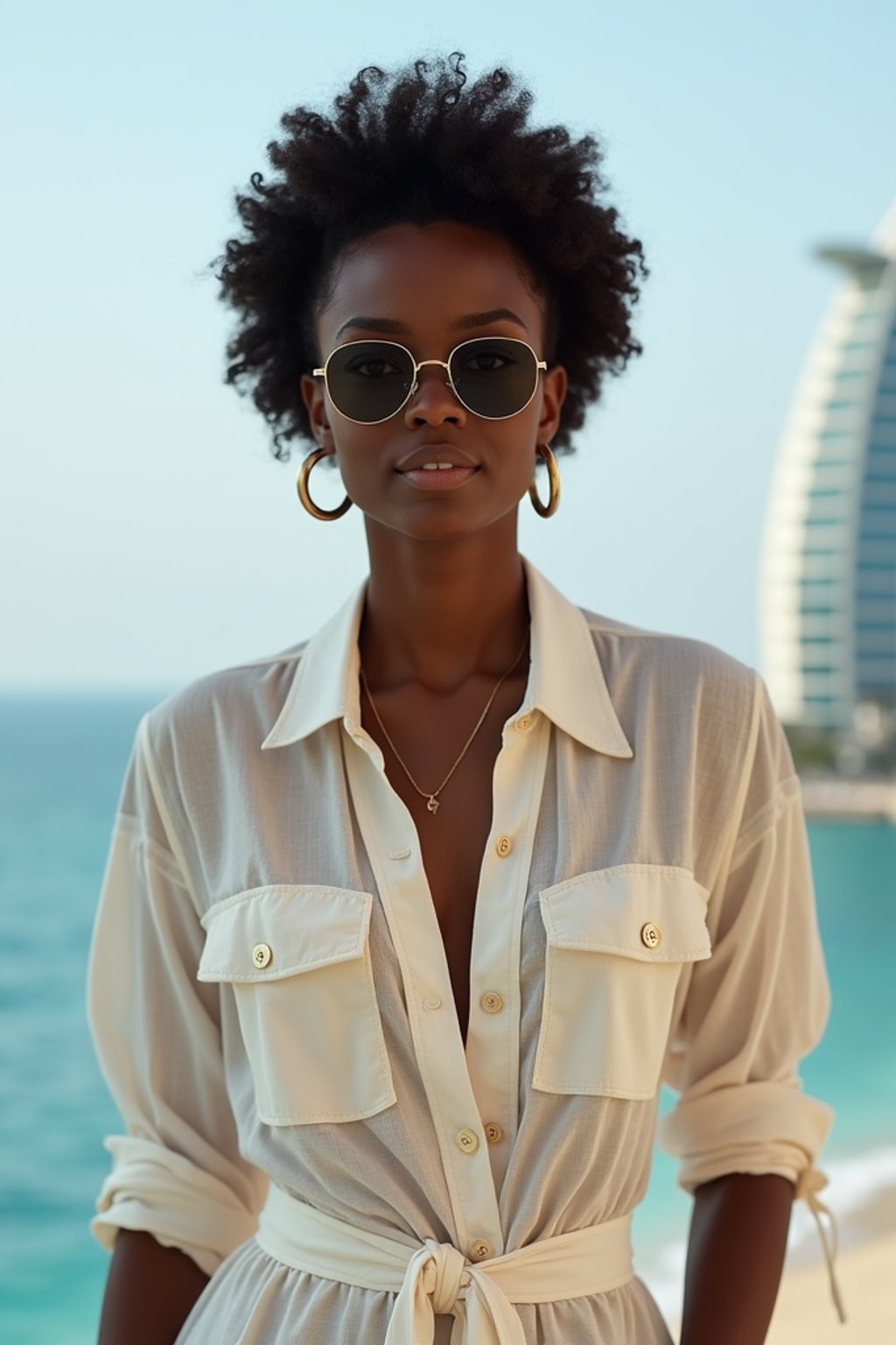 stylish and chic  woman in Dubai wearing a stylish sundress/linen shirt, the Atlantis hotel in the background