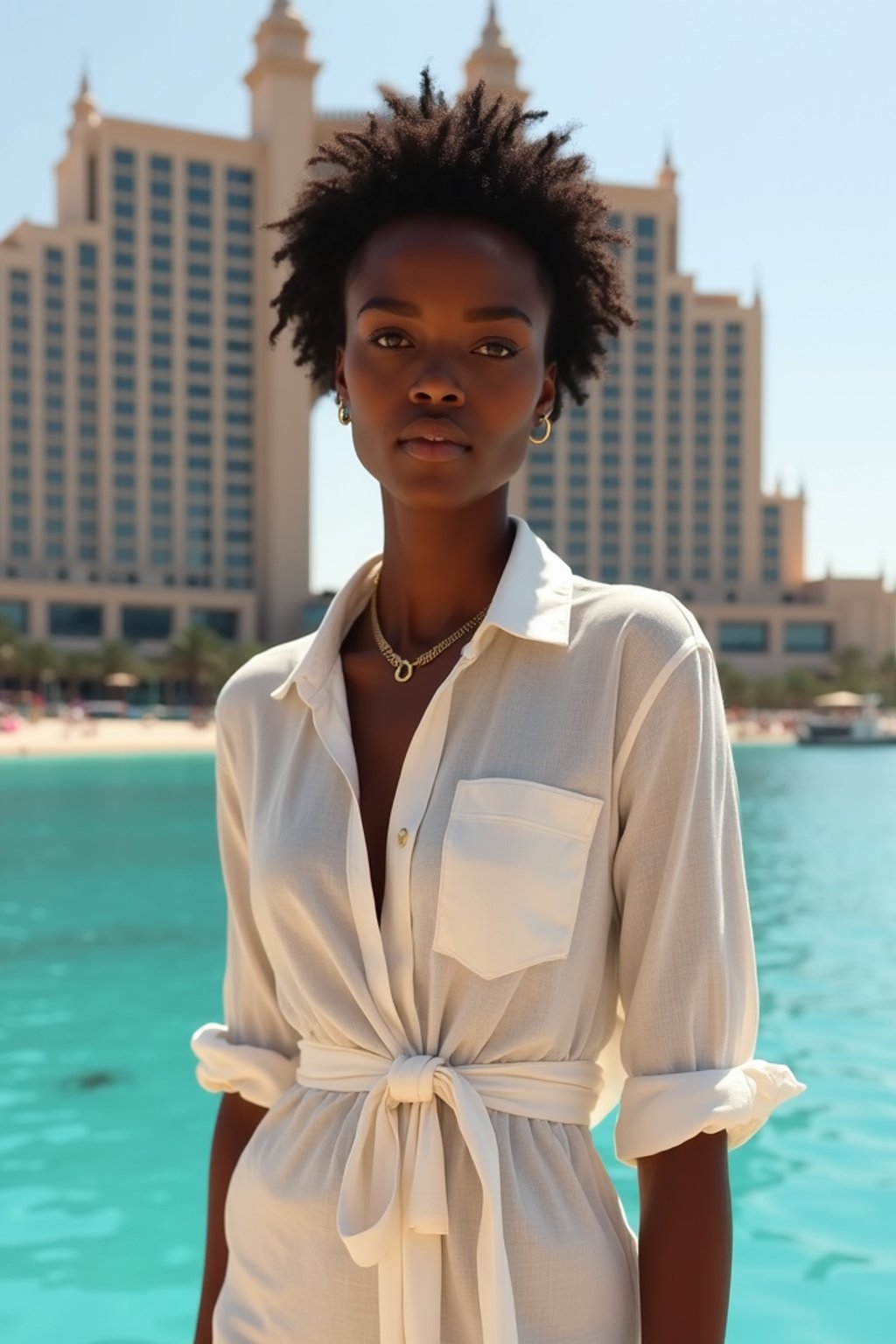 stylish and chic  woman in Dubai wearing a stylish sundress/linen shirt, the Atlantis hotel in the background