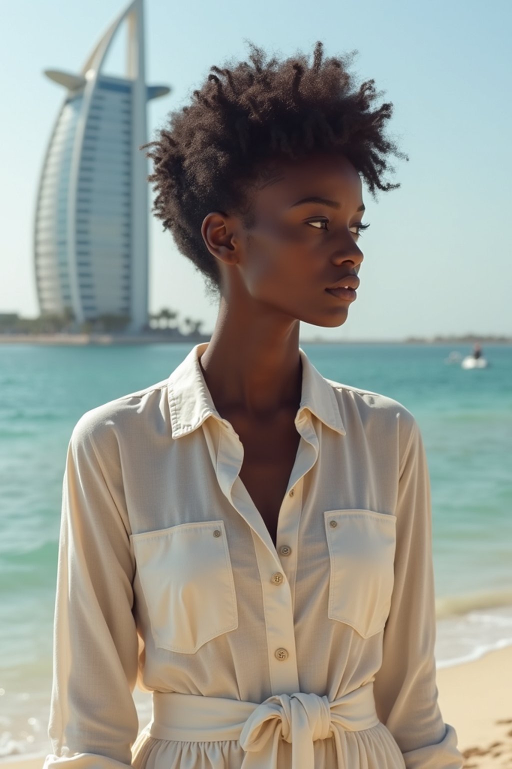 stylish and chic  woman in Dubai wearing a stylish sundress/linen shirt, the Atlantis hotel in the background