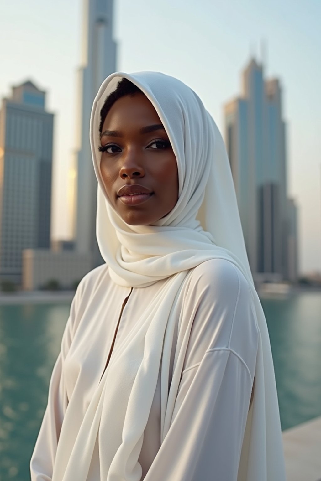 stylish and chic  woman in Dubai wearing a modern, chic abaya/thobe, skyscrapers of Dubai in the background