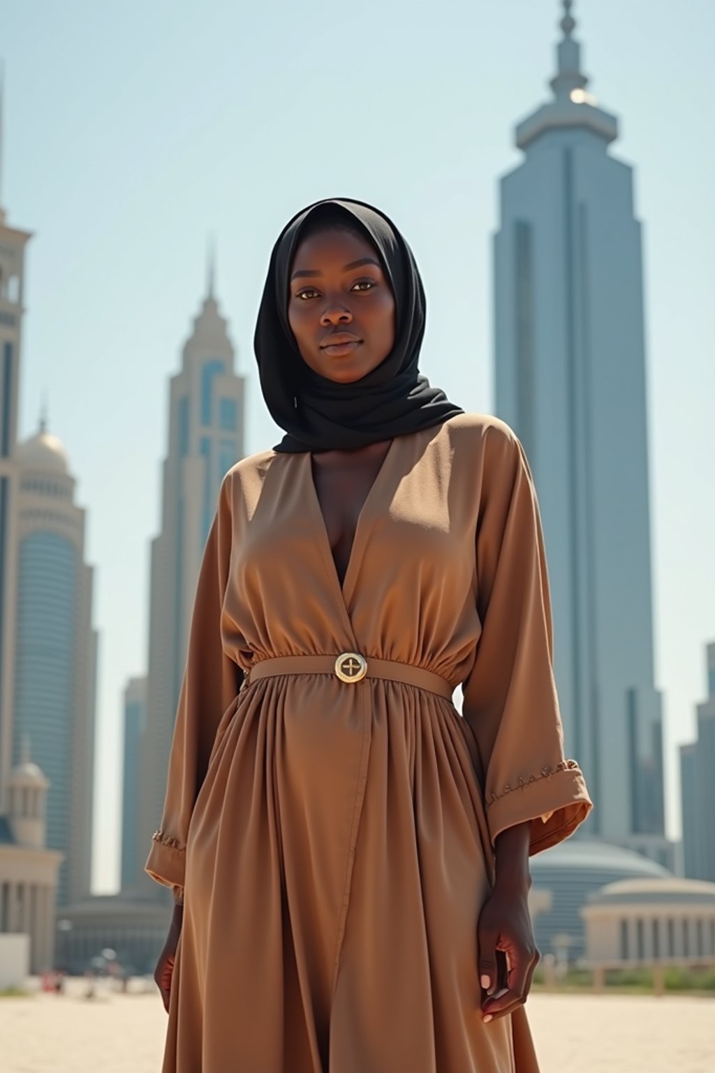 stylish and chic  woman in Dubai wearing a modern, chic abaya/thobe, skyscrapers of Dubai in the background