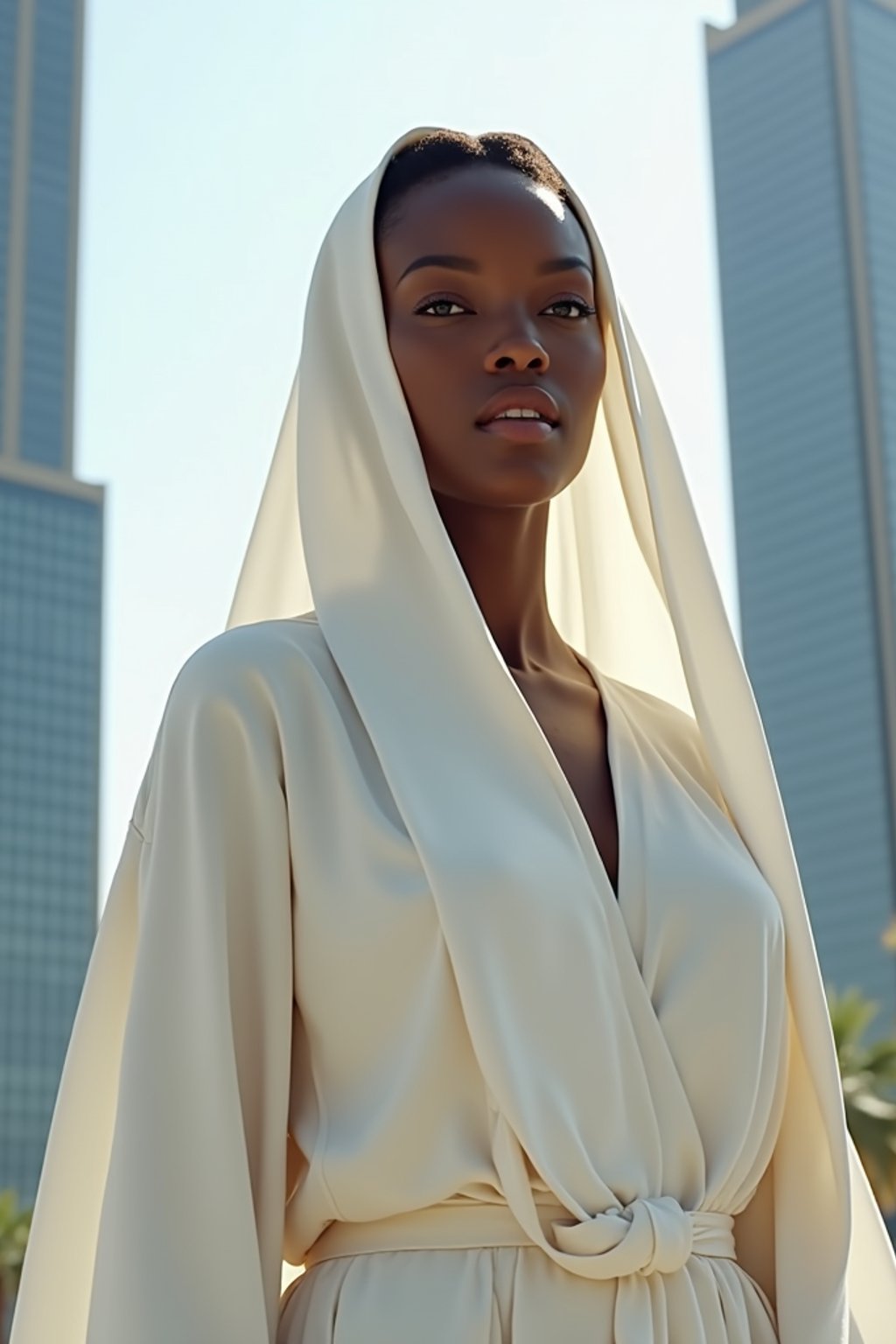 stylish and chic  woman in Dubai wearing a modern, chic abaya/thobe, skyscrapers of Dubai in the background