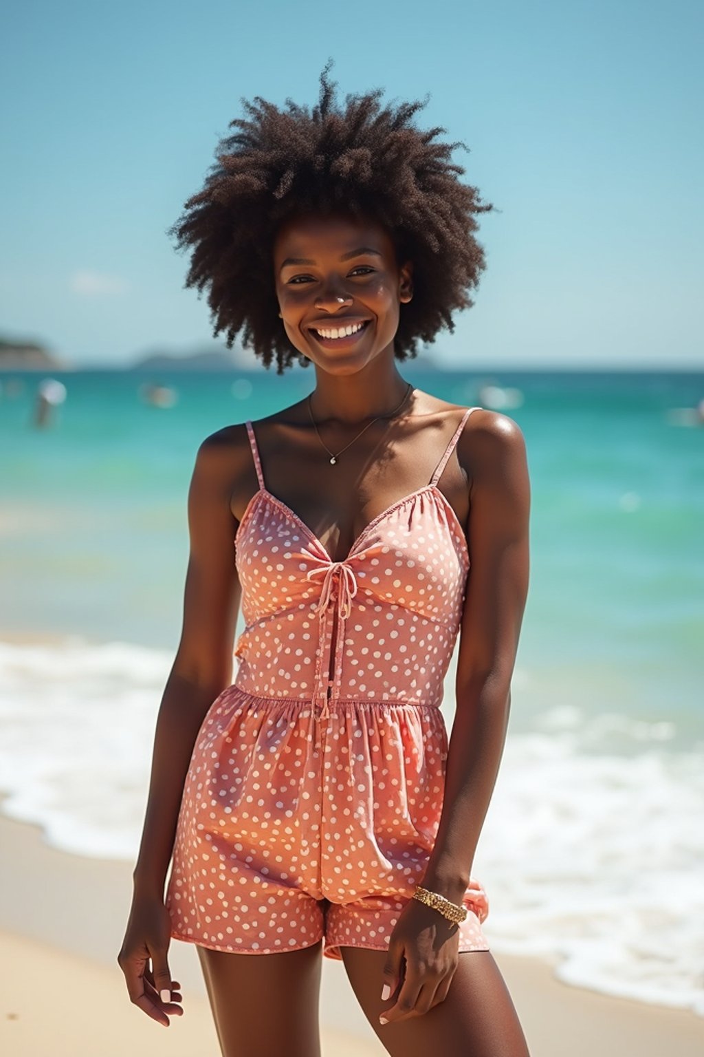 stylish and chic  woman in Sydney wearing a summer dress/shorts and t-shirt, Bondi Beach in the background