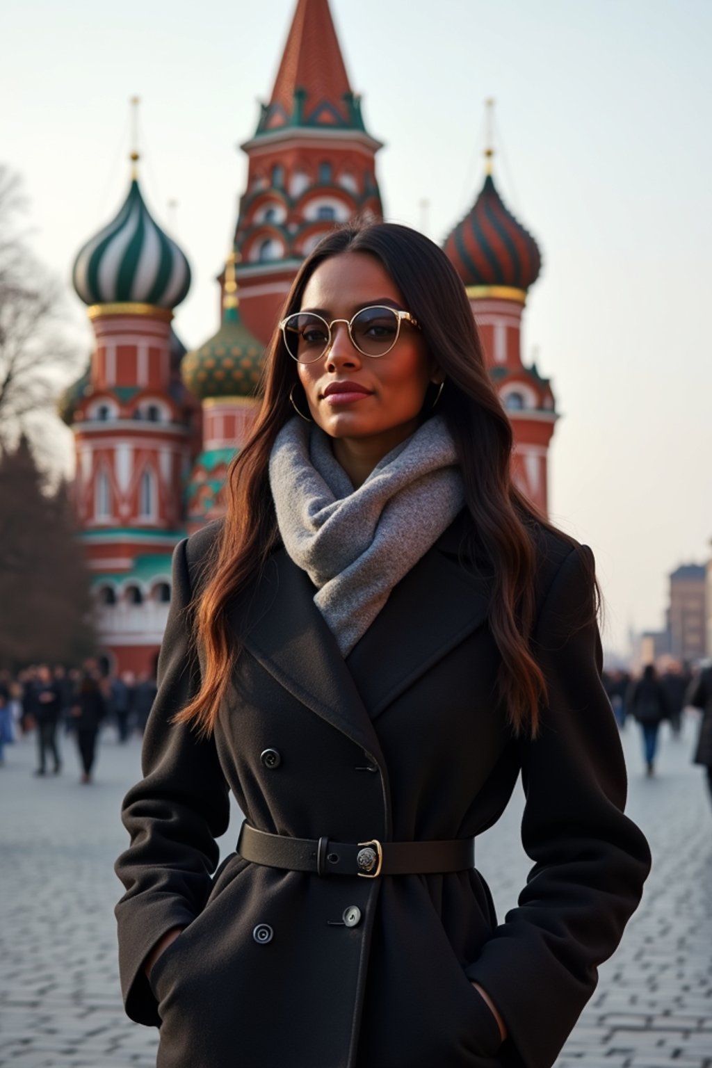 stylish and chic  woman in Moscow wearing a stylish coat and scarf, Saint Basil's Cathedral in the background