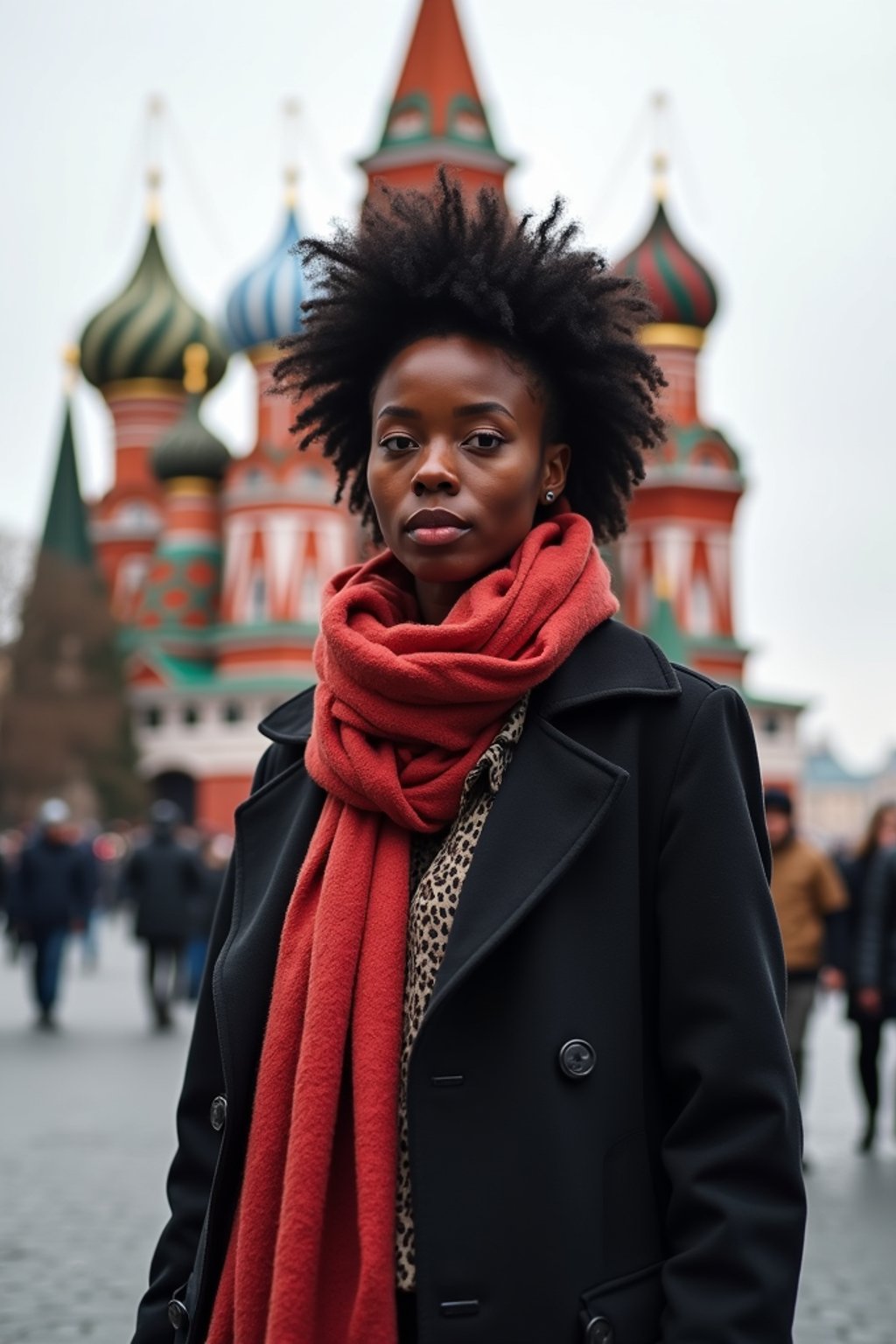 stylish and chic  woman in Moscow wearing a stylish coat and scarf, Saint Basil's Cathedral in the background