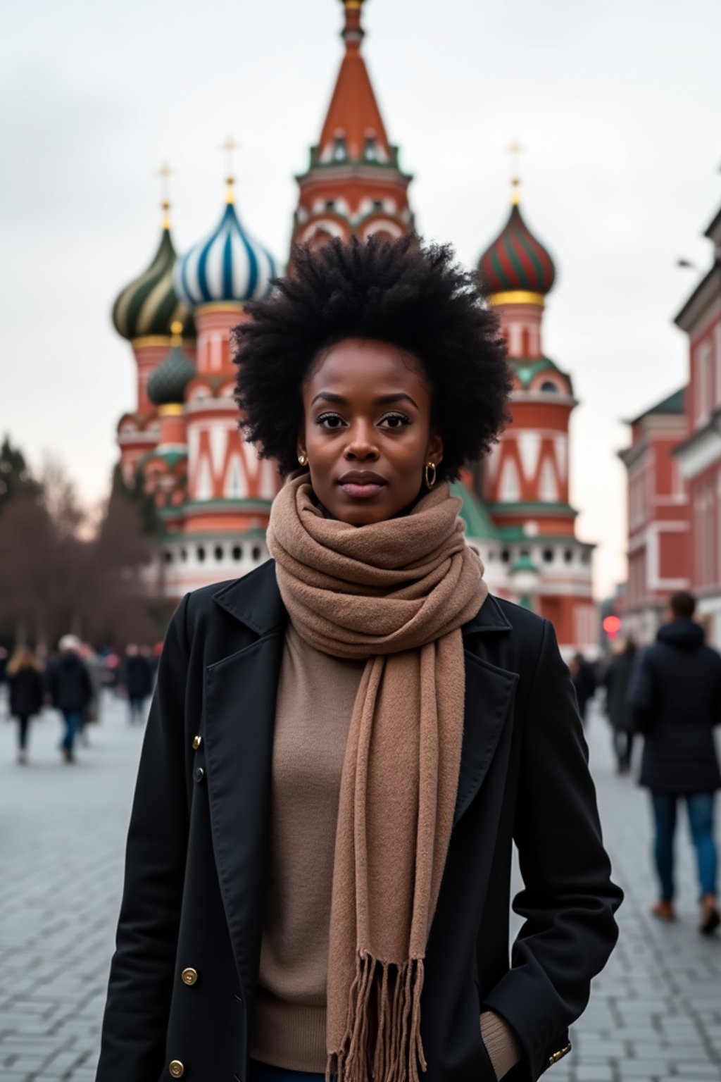 stylish and chic  woman in Moscow wearing a stylish coat and scarf, Saint Basil's Cathedral in the background