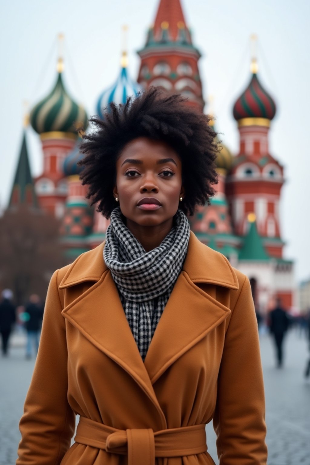 stylish and chic  woman in Moscow wearing a stylish coat and scarf, Saint Basil's Cathedral in the background