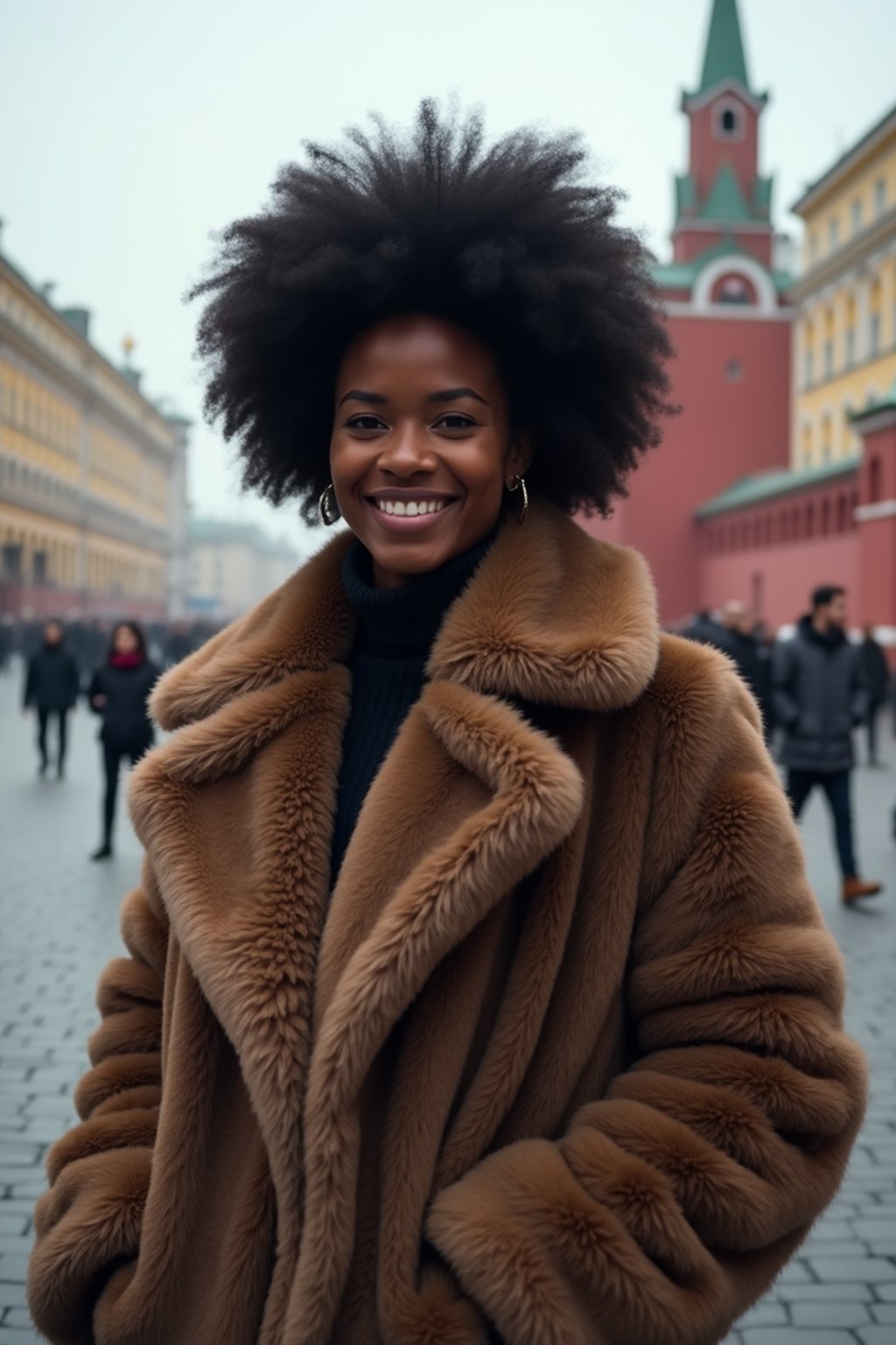 stylish and chic  woman in Moscow wearing a faux fur coat, Kremlin in the background