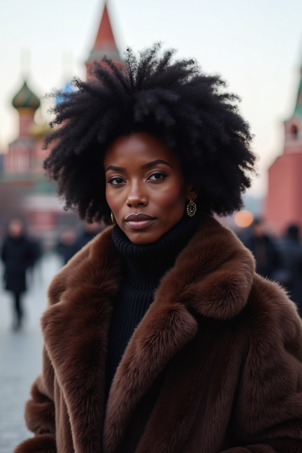 stylish and chic  woman in Moscow wearing a faux fur coat, Kremlin in the background