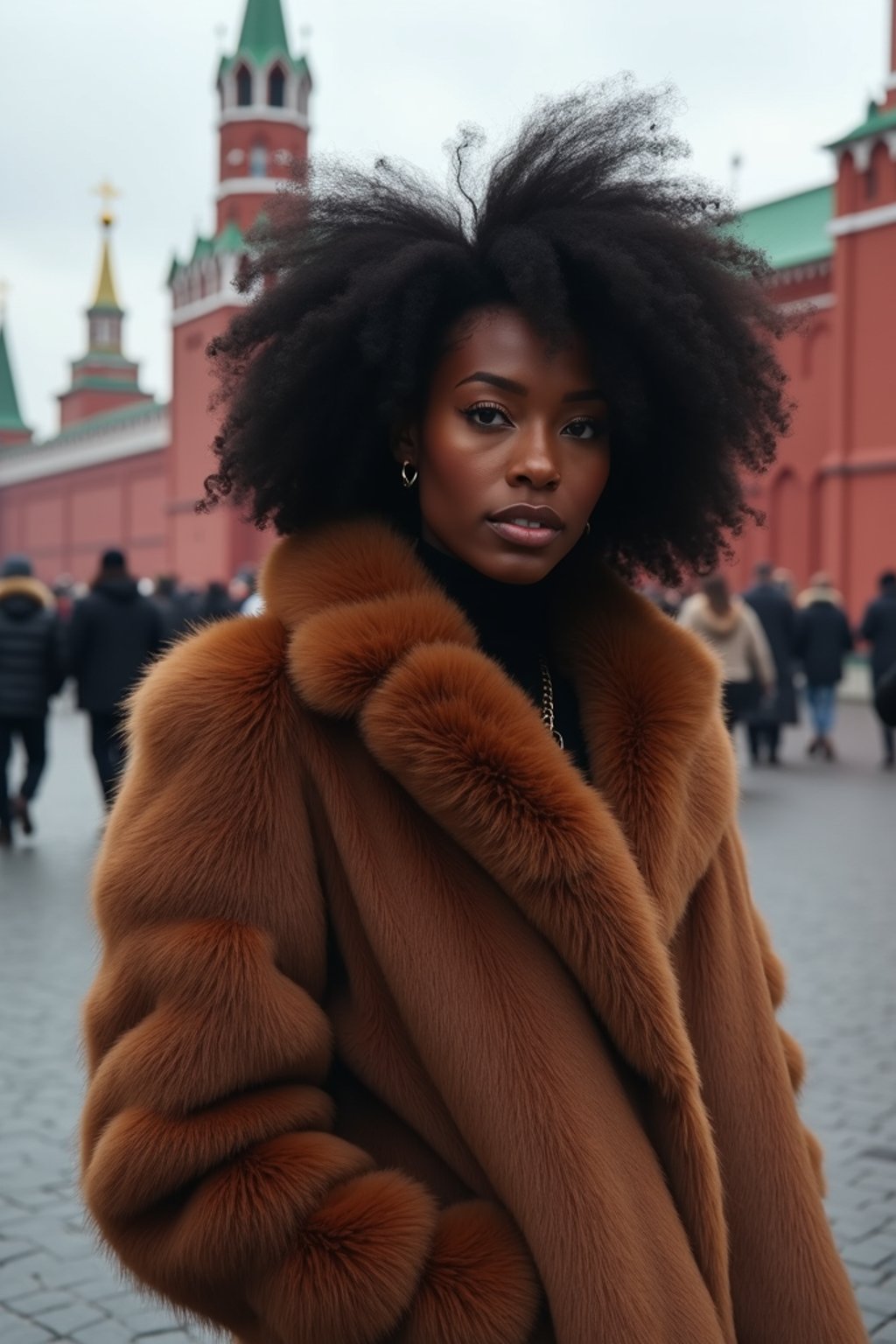 stylish and chic  woman in Moscow wearing a faux fur coat, Kremlin in the background