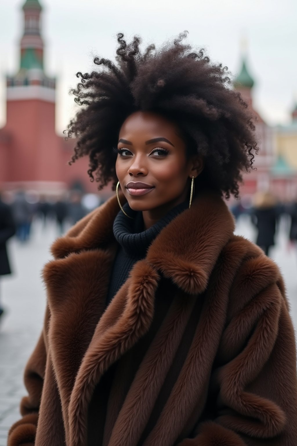 stylish and chic  woman in Moscow wearing a faux fur coat, Kremlin in the background