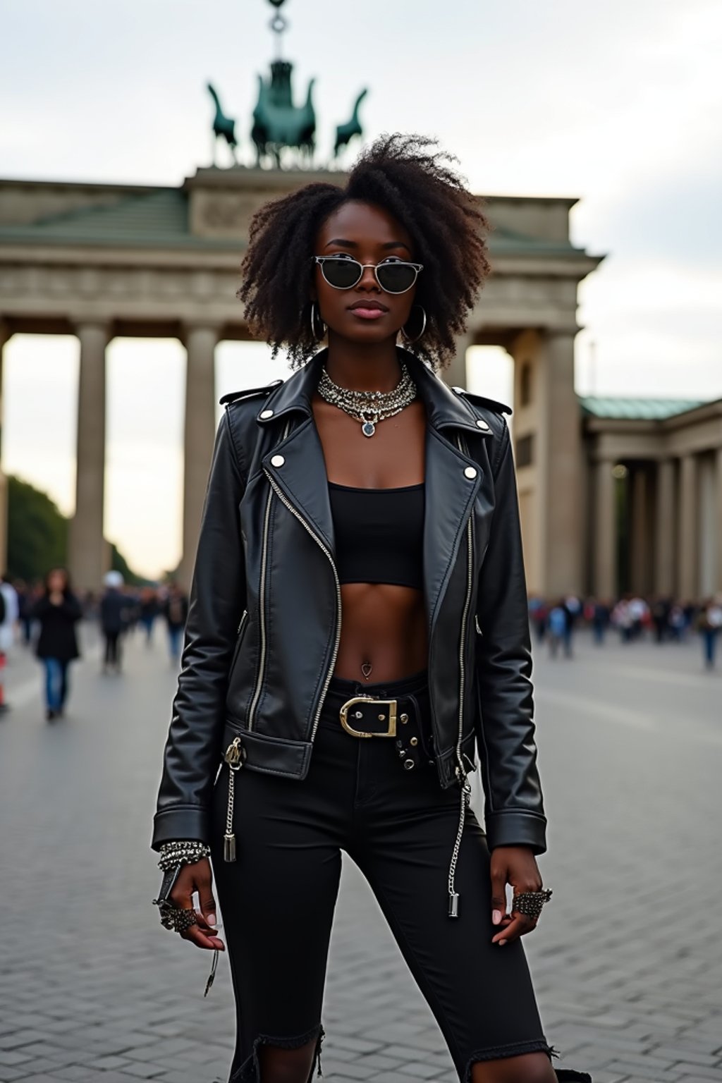 stylish and chic  woman in Berlin wearing a punk-inspired outfit, Brandenburg Gate in the background