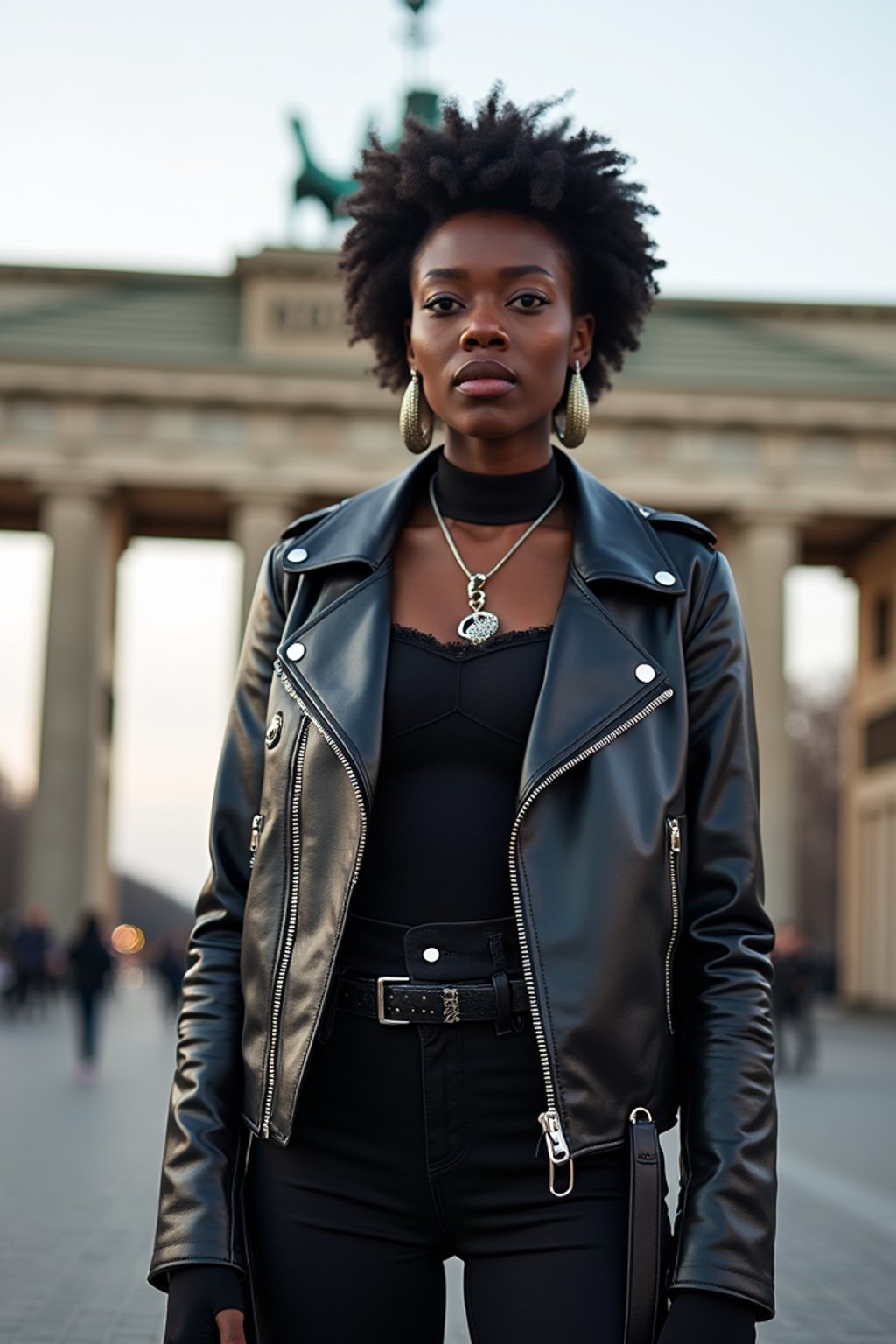 stylish and chic  woman in Berlin wearing a punk-inspired outfit, Brandenburg Gate in the background