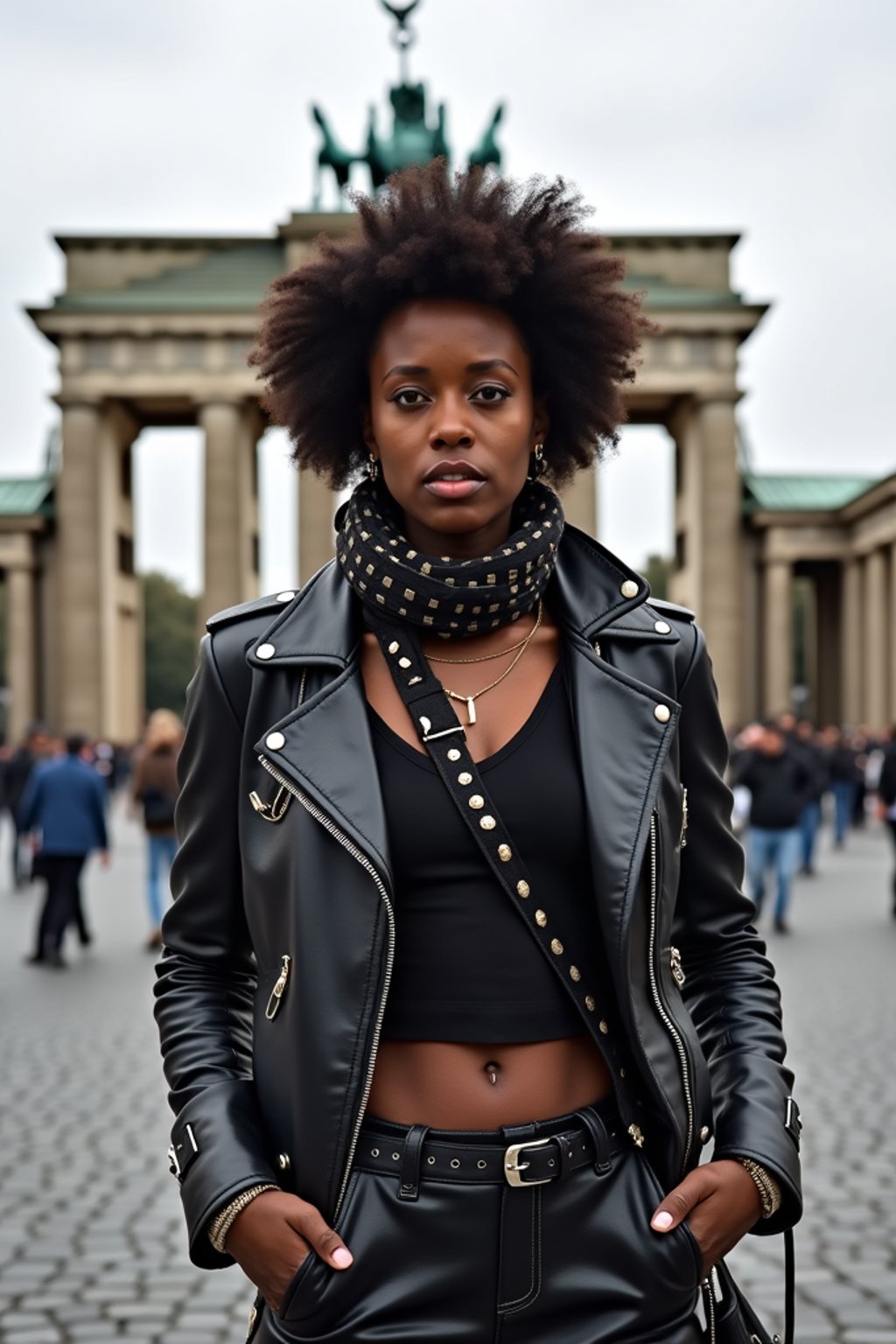 stylish and chic  woman in Berlin wearing a punk-inspired outfit, Brandenburg Gate in the background