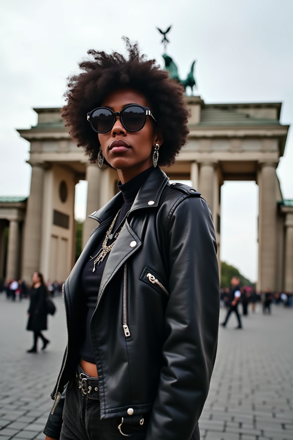 stylish and chic  woman in Berlin wearing a punk-inspired outfit, Brandenburg Gate in the background