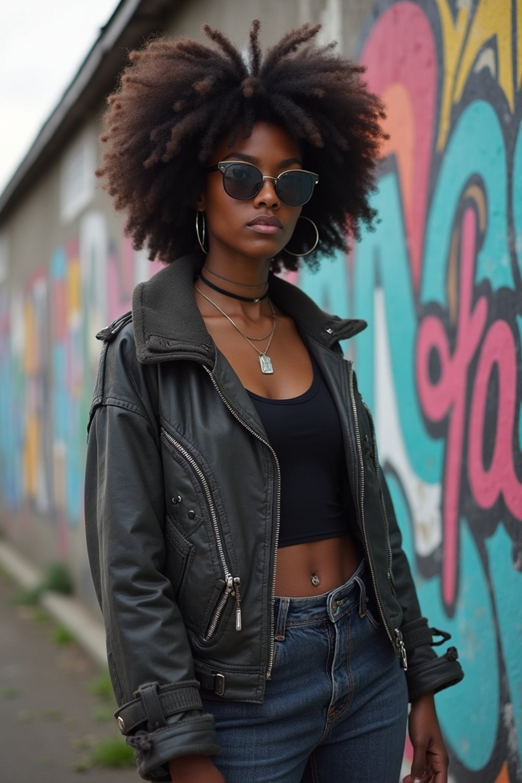 stylish and chic  woman in Berlin wearing a grunge-inspired outfit, Berlin Wall in the background