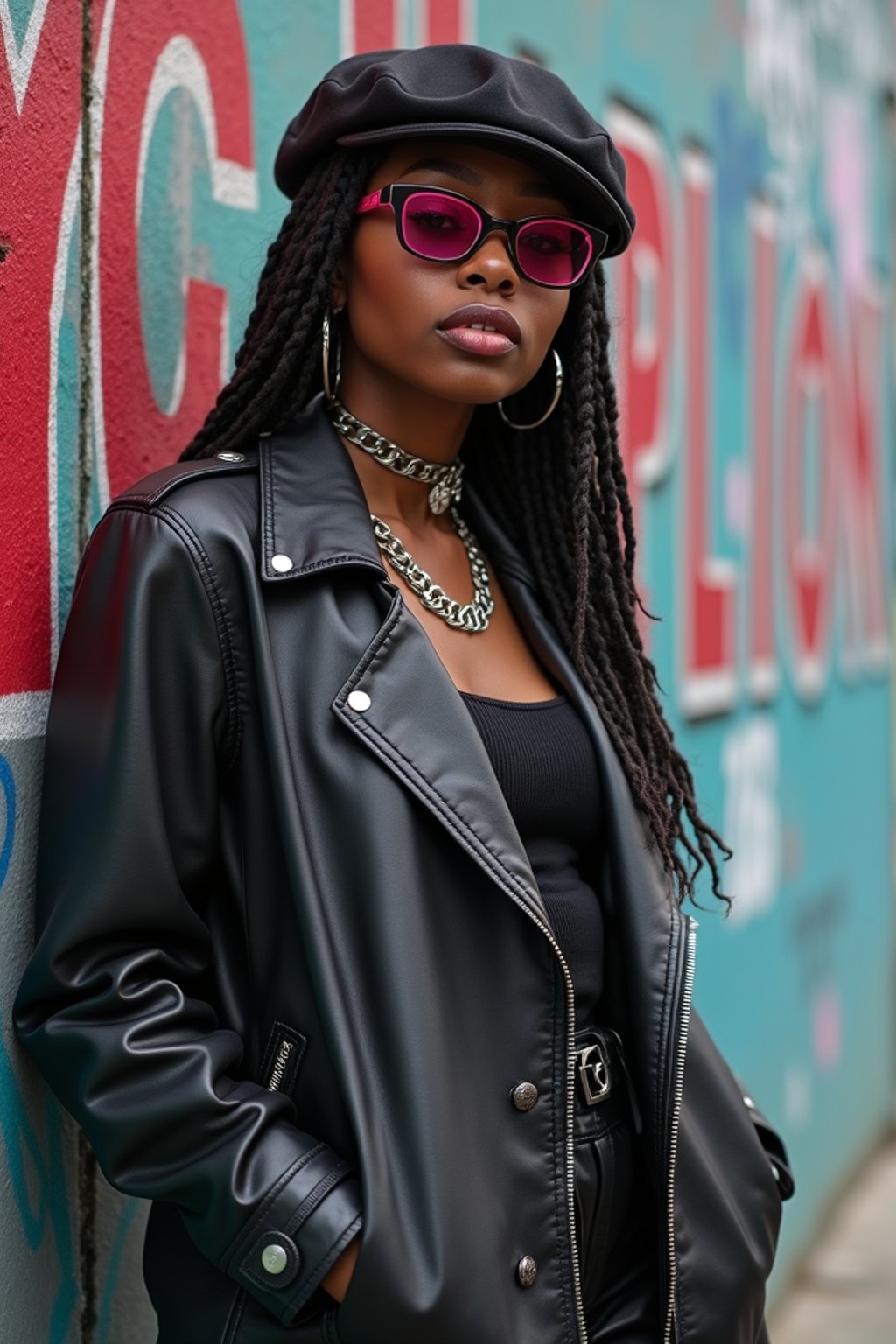 stylish and chic  woman in Berlin wearing a grunge-inspired outfit, Berlin Wall in the background