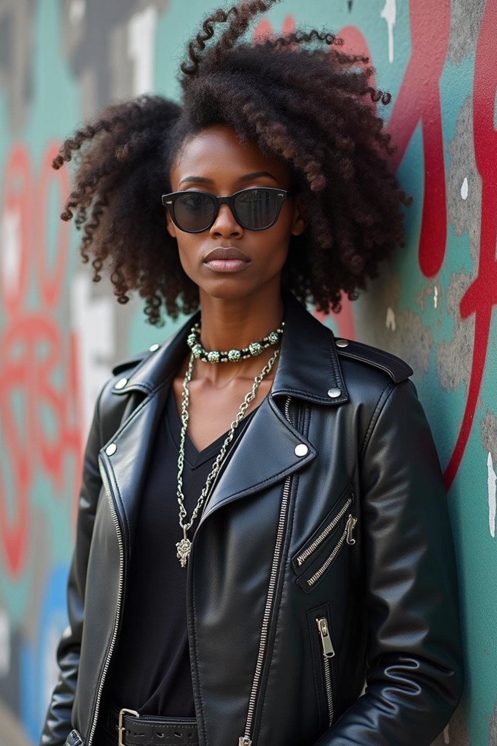 stylish and chic  woman in Berlin wearing a grunge-inspired outfit, Berlin Wall in the background