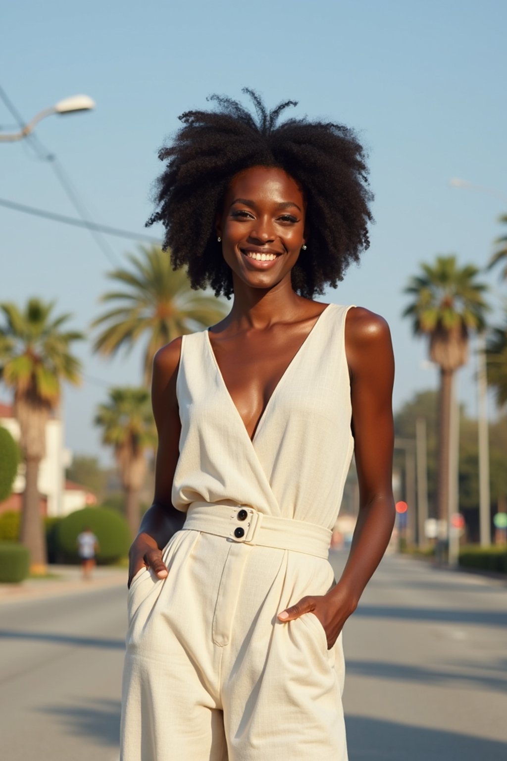 stylish and chic  woman in Los Angeles wearing a summer dress/linen suit, palm trees in the background