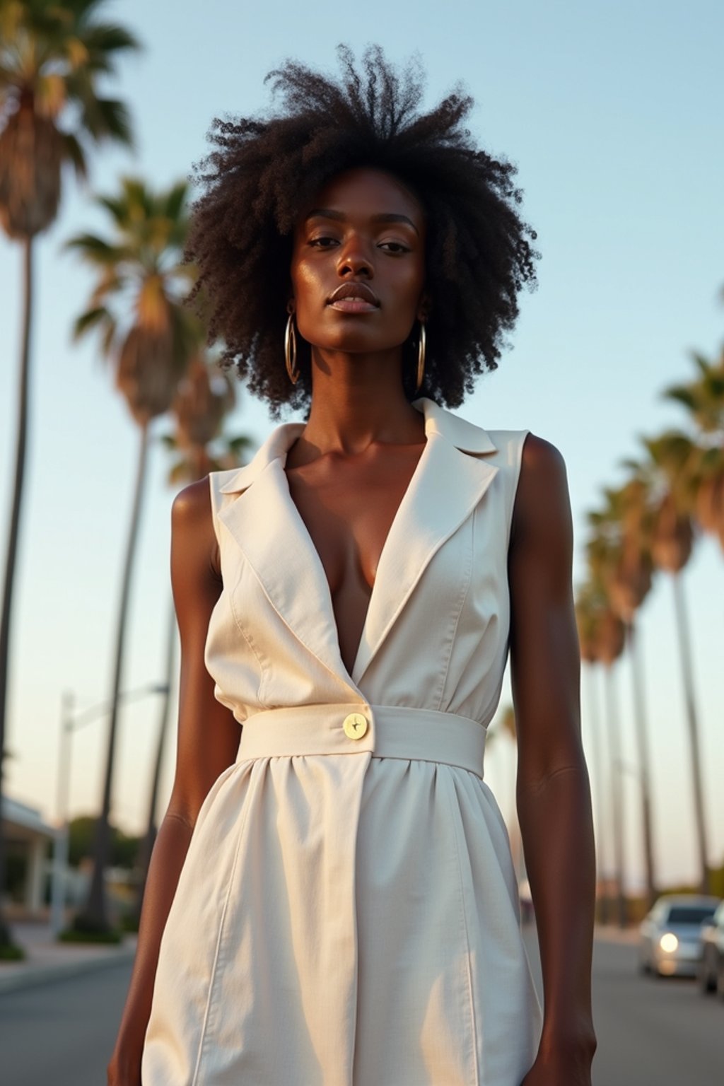 stylish and chic  woman in Los Angeles wearing a summer dress/linen suit, palm trees in the background