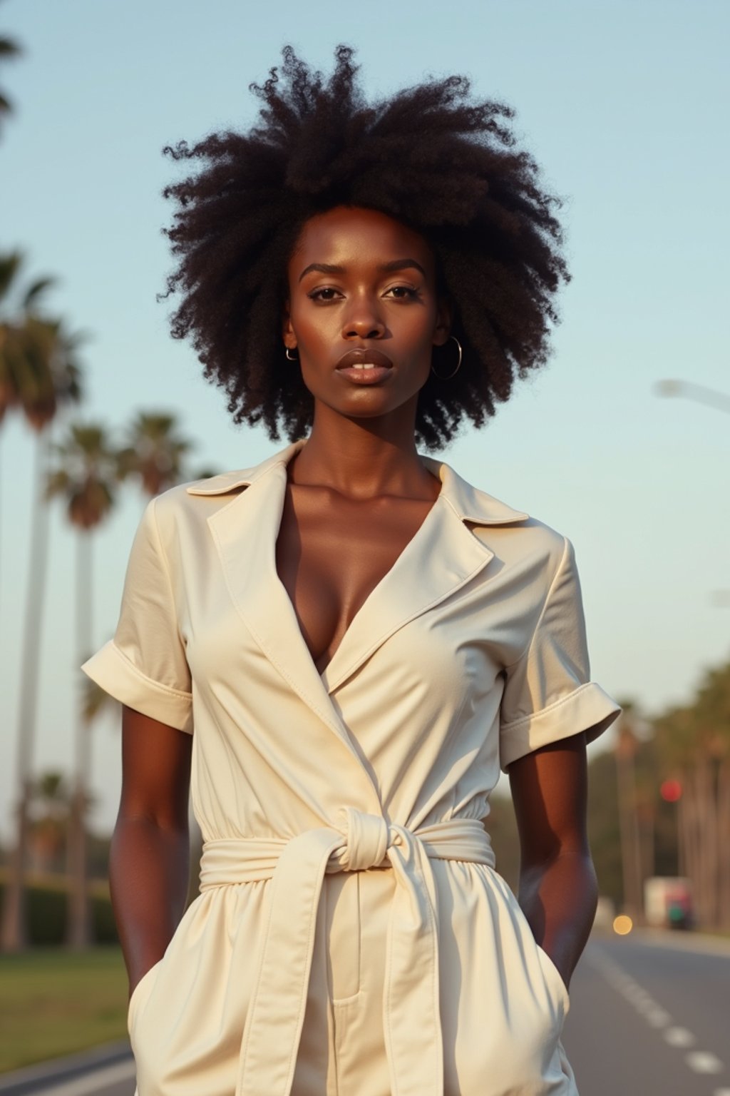 stylish and chic  woman in Los Angeles wearing a summer dress/linen suit, palm trees in the background