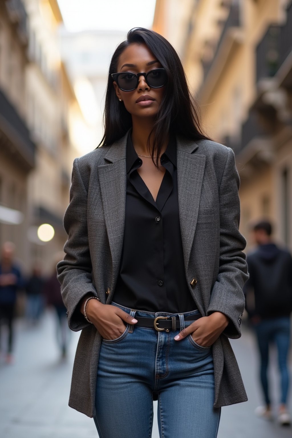 stylish and chic  woman in Milan wearing a fashionable blazer and jeans, Duomo di Milano in the background