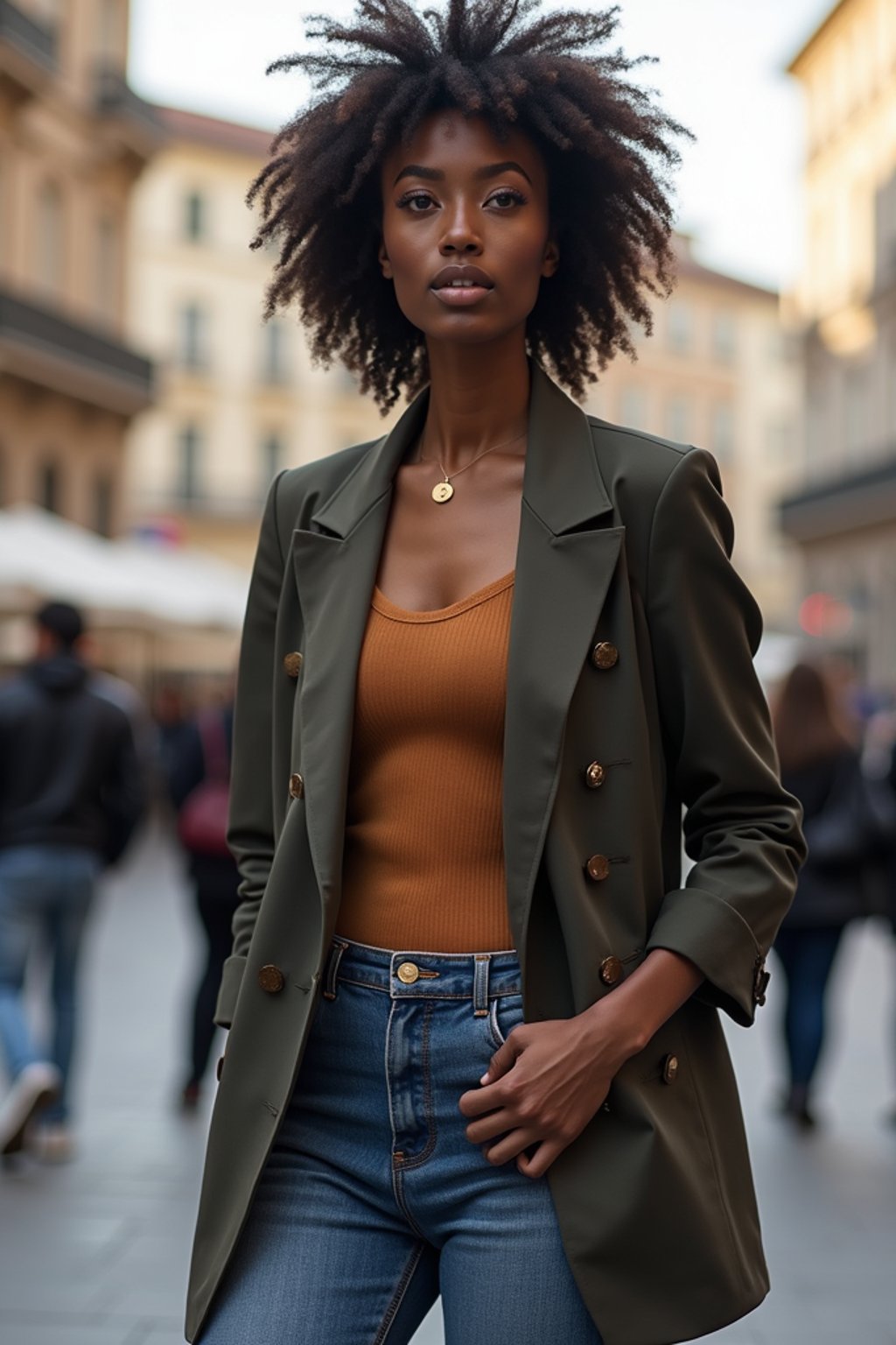 stylish and chic  woman in Milan wearing a fashionable blazer and jeans, Duomo di Milano in the background