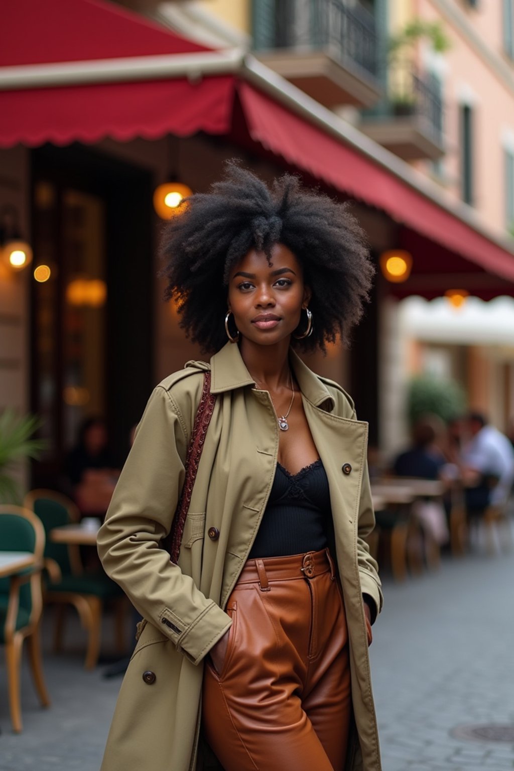 stylish and chic  woman in Milan wearing high fashion attire in front of a classic Italian café