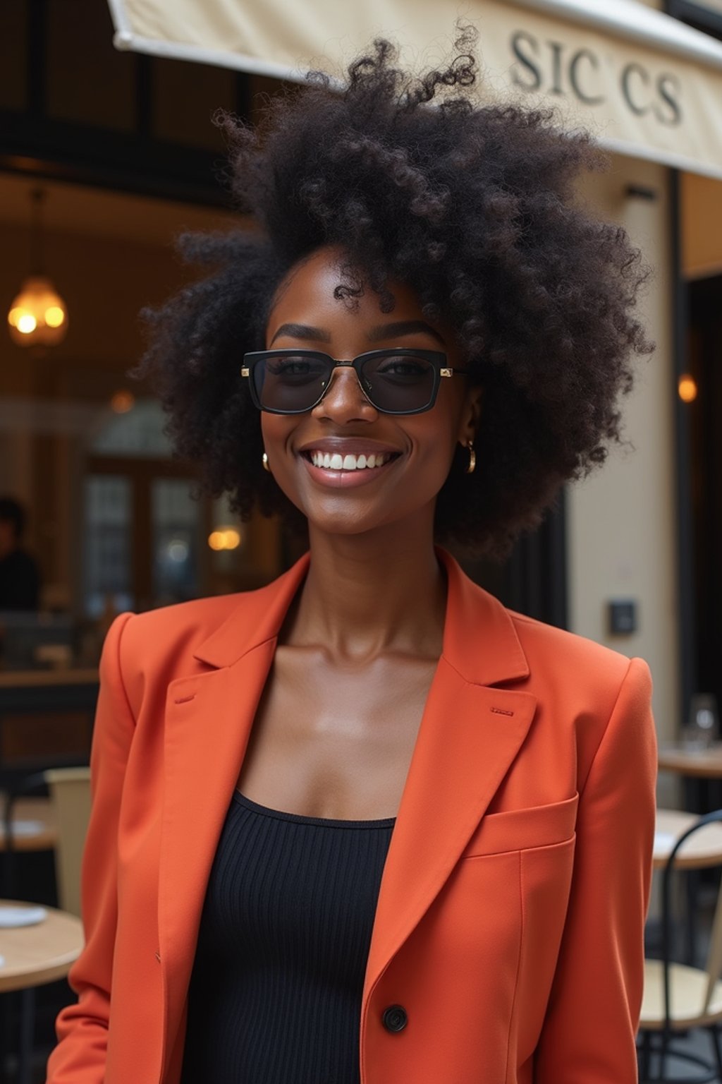 stylish and chic  woman in Milan wearing high fashion attire in front of a classic Italian café