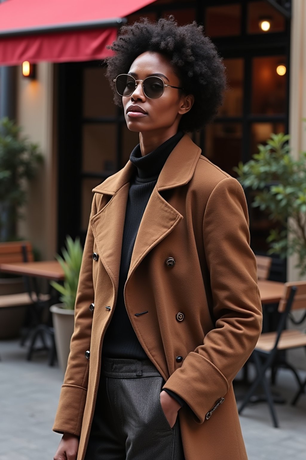 stylish and chic  woman in Milan wearing high fashion attire in front of a classic Italian café