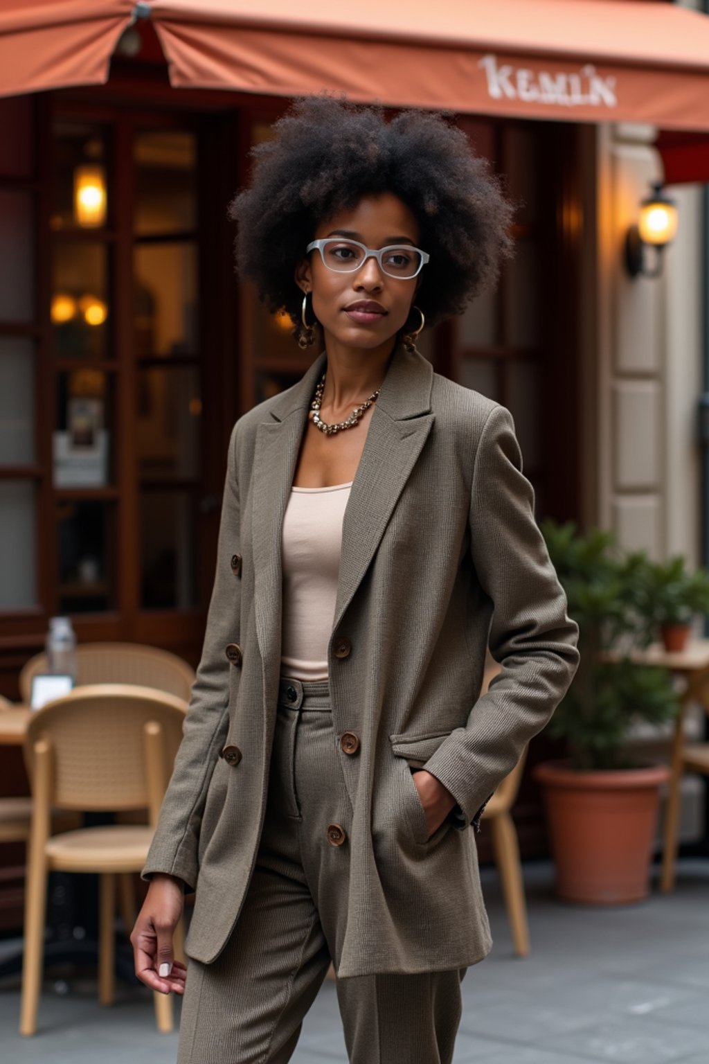 stylish and chic  woman in Milan wearing high fashion attire in front of a classic Italian café